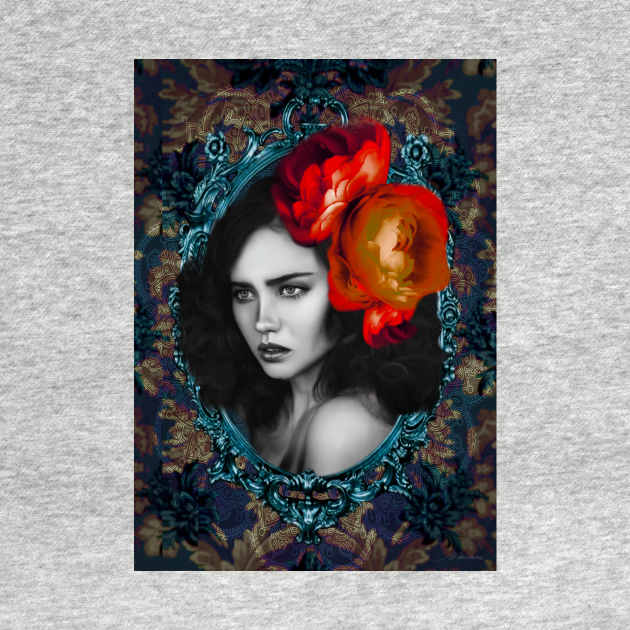 Luscious Red Flower Girl Portrait Artwork Wall Art Unique Digital Illustration by Relaxing Art Shop